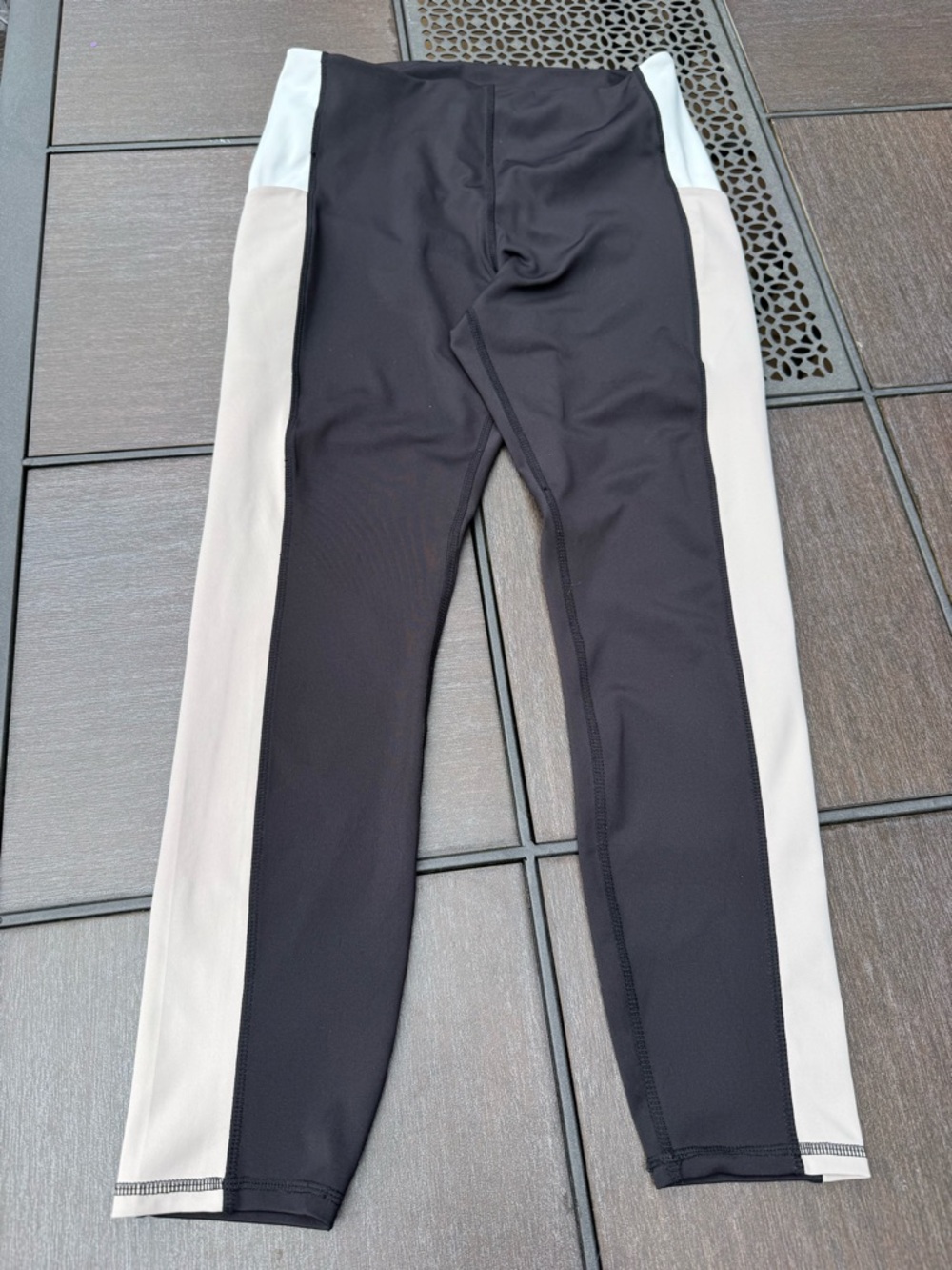 High-Rise Black Leggings with White & Cream Side Panels